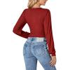 imageLYANER Womens Wrap V Neck Self Tie Knot Bishop Long Sleeve Ribbed Knit Crop Blouse TShirt TopRed