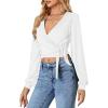 imageLYANER Womens Wrap V Neck Self Tie Knot Bishop Long Sleeve Ribbed Knit Crop Blouse TShirt TopWhite
