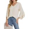imageLYANER Womens Casual V Neck Ruffle Bell Half Sleeve Blouse Shirt Tunic TopBeige