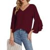 imageLYANER Womens Casual V Neck Ruffle Bell Half Sleeve Blouse Shirt Tunic TopBurgundy