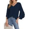 imageLYANER Womens Casual V Neck Ruffle Bell Half Sleeve Blouse Shirt Tunic TopDark Blue