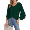 imageLYANER Womens Casual V Neck Ruffle Bell Half Sleeve Blouse Shirt Tunic TopDark Green