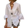 imageLYANER Womens Flare Short Sleeve Collar Neck Button Down Blouse Shirt TopWhite