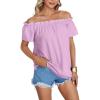 imageLYANER Womens Off Shoulder Ruffle Short Sleeve Ruched Casual Loose Tops Blouse ShirtSolid Violet