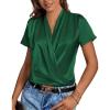 imageLYANER Womens Satin V Neck Short Sleeve Wrap Elegant Blouse ShirtDark Green