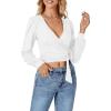 imageLYANER Womens Wrap V Neck Self Tie Knot Bishop Long Sleeve Ribbed Knit Crop Blouse TShirt TopWhite