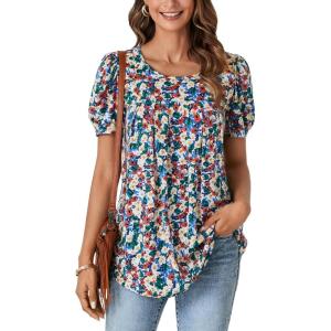imageLYANER Womens Boho Puff Short Sleeve Tunic Tops Crewneck Pleated Casual Summer Shirt BlouseGreen