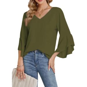 imageLYANER Womens Casual V Neck Ruffle Bell Half Sleeve Blouse Shirt Tunic TopArmy Green