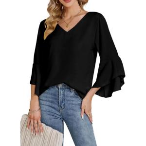 imageLYANER Womens Casual V Neck Ruffle Bell Half Sleeve Blouse Shirt Tunic TopBlack