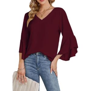imageLYANER Womens Casual V Neck Ruffle Bell Half Sleeve Blouse Shirt Tunic TopBurgundy
