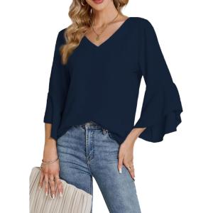 imageLYANER Womens Casual V Neck Ruffle Bell Half Sleeve Blouse Shirt Tunic TopDark Blue