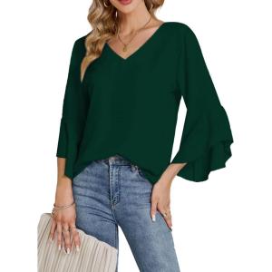 imageLYANER Womens Casual V Neck Ruffle Bell Half Sleeve Blouse Shirt Tunic TopDark Green