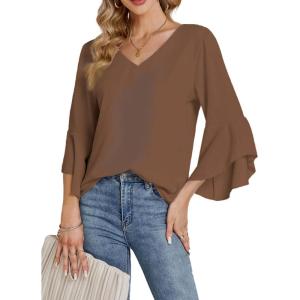 imageLYANER Womens Casual V Neck Ruffle Bell Half Sleeve Blouse Shirt Tunic TopDark Khaki