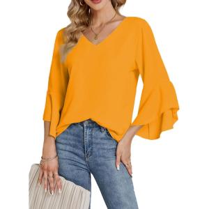 imageLYANER Womens Casual V Neck Ruffle Bell Half Sleeve Blouse Shirt Tunic TopGinger