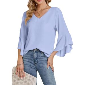 imageLYANER Womens Casual V Neck Ruffle Bell Half Sleeve Blouse Shirt Tunic TopLight Blue