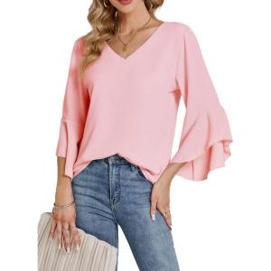 imageLYANER Womens Casual V Neck Ruffle Bell Half Sleeve Blouse Shirt Tunic TopLight Pink