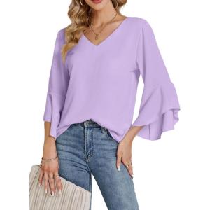 imageLYANER Womens Casual V Neck Ruffle Bell Half Sleeve Blouse Shirt Tunic TopLight Purple