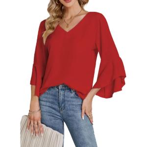 imageLYANER Womens Casual V Neck Ruffle Bell Half Sleeve Blouse Shirt Tunic TopRed
