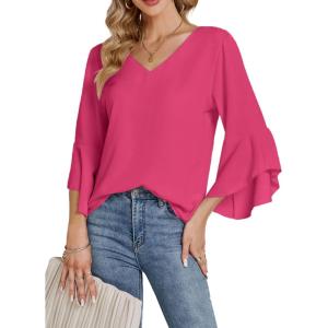imageLYANER Womens Casual V Neck Ruffle Bell Half Sleeve Blouse Shirt Tunic TopRose