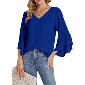 imageLYANER Womens Casual V Neck Ruffle Bell Half Sleeve Blouse Shirt Tunic TopRoyal Blue