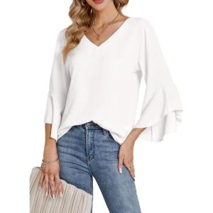 imageLYANER Womens Casual V Neck Ruffle Bell Half Sleeve Blouse Shirt Tunic TopWhite