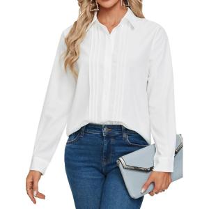 imageLYANER Womens Collar V Neck Pleated Button Down Long Sleeve Office Blouse Shirt TopWhite