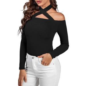 imageLYANER Womens Halter Off Shoulder Spaghetti Strap Cutout Long Sleeve Blouse Shirt TopBlack