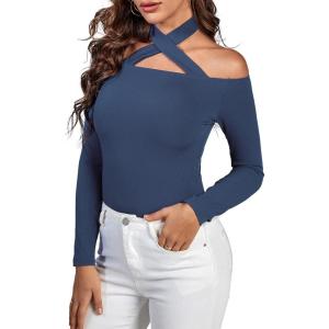 imageLYANER Womens Halter Off Shoulder Spaghetti Strap Cutout Long Sleeve Blouse Shirt TopDusty Blue