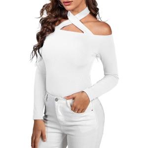 imageLYANER Womens Halter Off Shoulder Spaghetti Strap Cutout Long Sleeve Blouse Shirt TopWhite