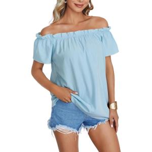 imageLYANER Womens Off Shoulder Ruffle Short Sleeve Ruched Casual Loose Tops Blouse ShirtLight Blue