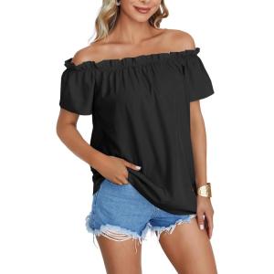 imageLYANER Womens Off Shoulder Ruffle Short Sleeve Ruched Casual Loose Tops Blouse ShirtSolid Black