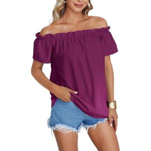 imageLYANER Womens Off Shoulder Ruffle Short Sleeve Ruched Casual Loose Tops Blouse ShirtSolid Dark Purple