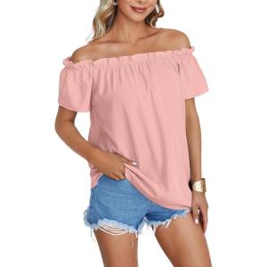 imageLYANER Womens Off Shoulder Ruffle Short Sleeve Ruched Casual Loose Tops Blouse ShirtSolid Light Pink