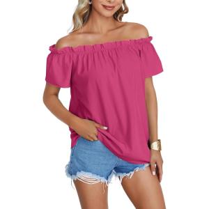imageLYANER Womens Off Shoulder Ruffle Short Sleeve Ruched Casual Loose Tops Blouse ShirtSolid Rose Red
