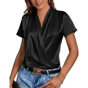 imageLYANER Womens Satin V Neck Short Sleeve Wrap Elegant Blouse ShirtBlack