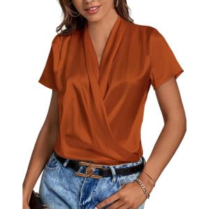 imageLYANER Womens Satin V Neck Short Sleeve Wrap Elegant Blouse ShirtCaramel