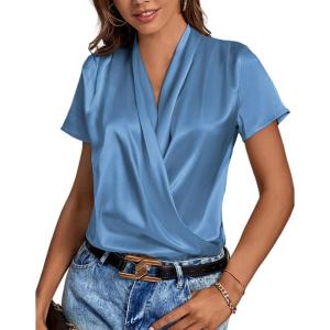 imageLYANER Womens Satin V Neck Short Sleeve Wrap Elegant Blouse ShirtDusty Blue