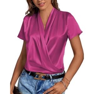 imageLYANER Womens Satin V Neck Short Sleeve Wrap Elegant Blouse ShirtRose