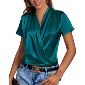 imageLYANER Womens Satin V Neck Short Sleeve Wrap Elegant Blouse ShirtTurquoise
