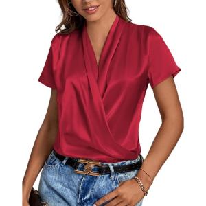 imageLYANER Womens Satin V Neck Short Sleeve Wrap Elegant Blouse ShirtWine Red