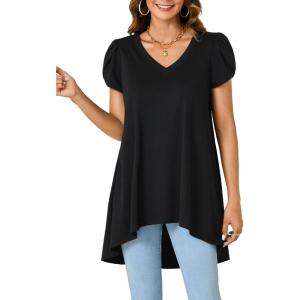 imageLYANER Womens V Neck High Low Hem Short Sleeve Flowy Blouse Tunic TShirt TopBlack
