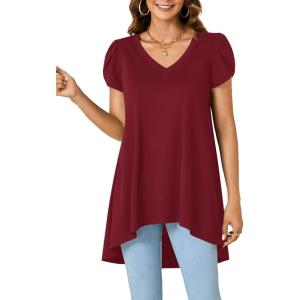 imageLYANER Womens V Neck High Low Hem Short Sleeve Flowy Blouse Tunic TShirt TopBurgundy