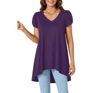 imageLYANER Womens V Neck High Low Hem Short Sleeve Flowy Blouse Tunic TShirt TopDeep Purple