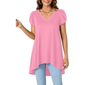 imageLYANER Womens V Neck High Low Hem Short Sleeve Flowy Blouse Tunic TShirt TopPink