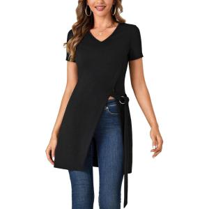 imageLYANER Womens V Neck Short Sleeve Side Split Asymmetrical Hem Longline Tunic Blouse TopBlack