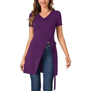 imageLYANER Womens V Neck Short Sleeve Side Split Asymmetrical Hem Longline Tunic Blouse TopDark Purple
