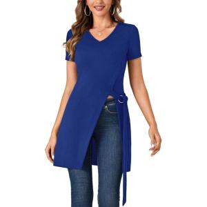 imageLYANER Womens V Neck Short Sleeve Side Split Asymmetrical Hem Longline Tunic Blouse TopRoyal Blue