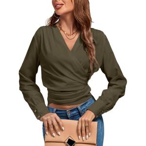 imageLYANER Womens Wrap V Neck Long Sleeve Tie Back Ruched Crop Top Blouse ShirtArmy Green