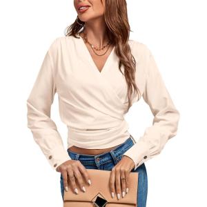 imageLYANER Womens Wrap V Neck Long Sleeve Tie Back Ruched Crop Top Blouse ShirtBeige