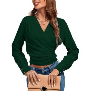 imageLYANER Womens Wrap V Neck Long Sleeve Tie Back Ruched Crop Top Blouse ShirtDark Green